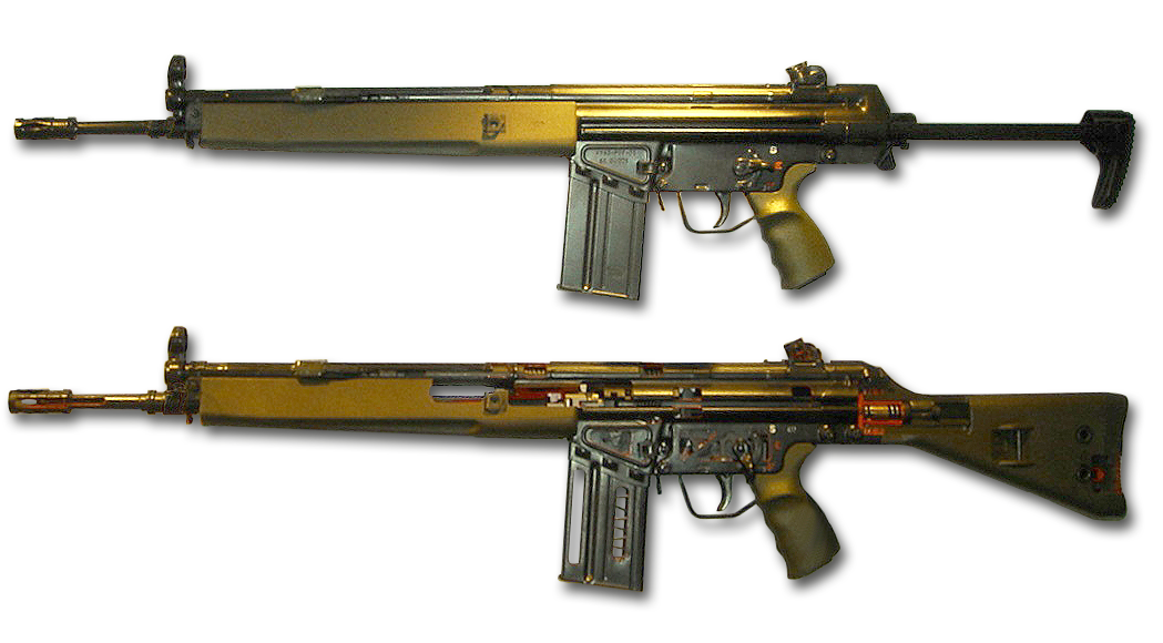 Figure 11 — Two G3s, one sectioned to show its bolt, recoil spring and trigger parts for instruction.