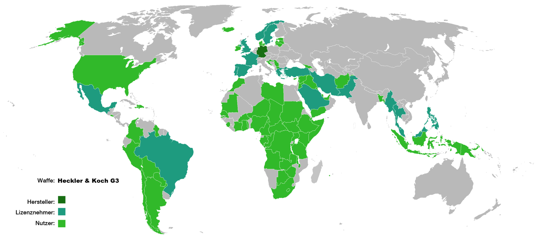 Figure 17 — World map of the G3's distribution: Germany as maker, licence-producing countries, and user countries, as drawn by a Wikimedia Commons contributor.