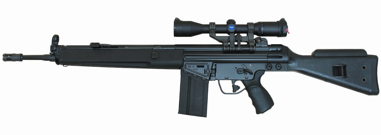 Figure 4 — An HK41 with a telescope on a clamp-on mount: the civilian semi-automatic G3 set up as a scoped rifle.