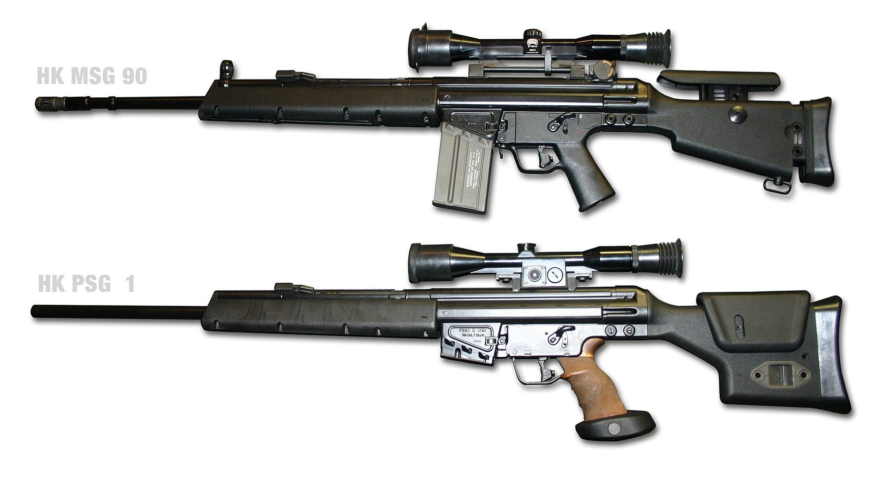 Figure 2 — The MSG90 and the PSG1 photographed together and labelled by the photographer: MSG90 above, PSG1 below. Compare the grips, the barrels and the stocks.