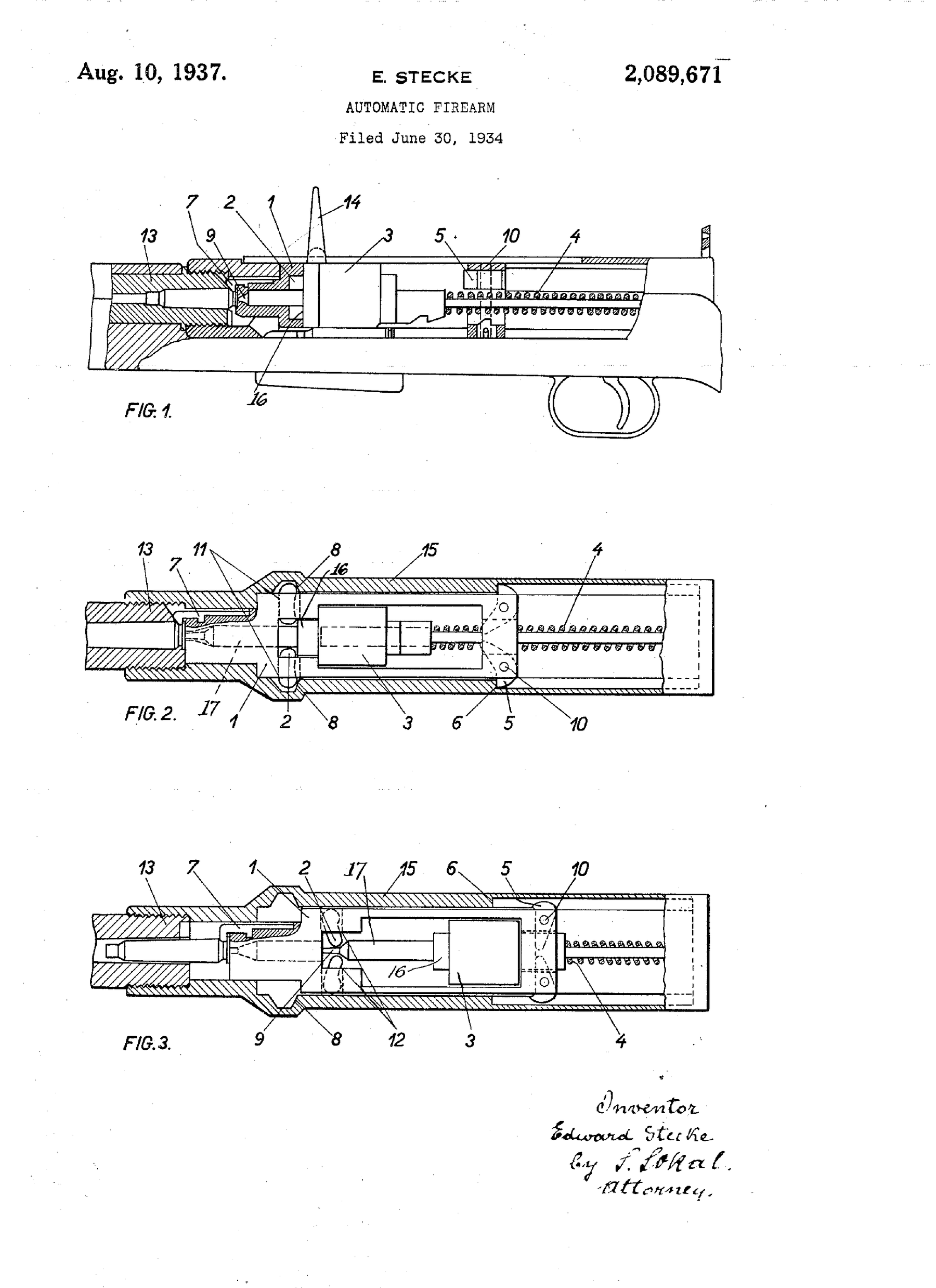 Figure 10 — Edward Stecke's 1934 US patent drawing for a delayed-blowback automatic firearm. Its text states the problem every such design must solve: the case grips the chamber harder than the gas pushes it b…