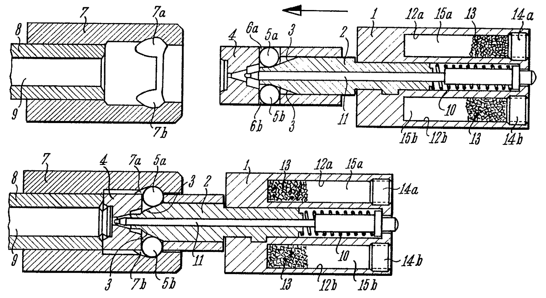 Figure 8 — US Patent 3,283,435, Theodor Koch for Heckler & Koch, 1966: the roller breech in section, open and locked, with the breech block, control member, bolt head, the two rollers and the trunnion. The pa…