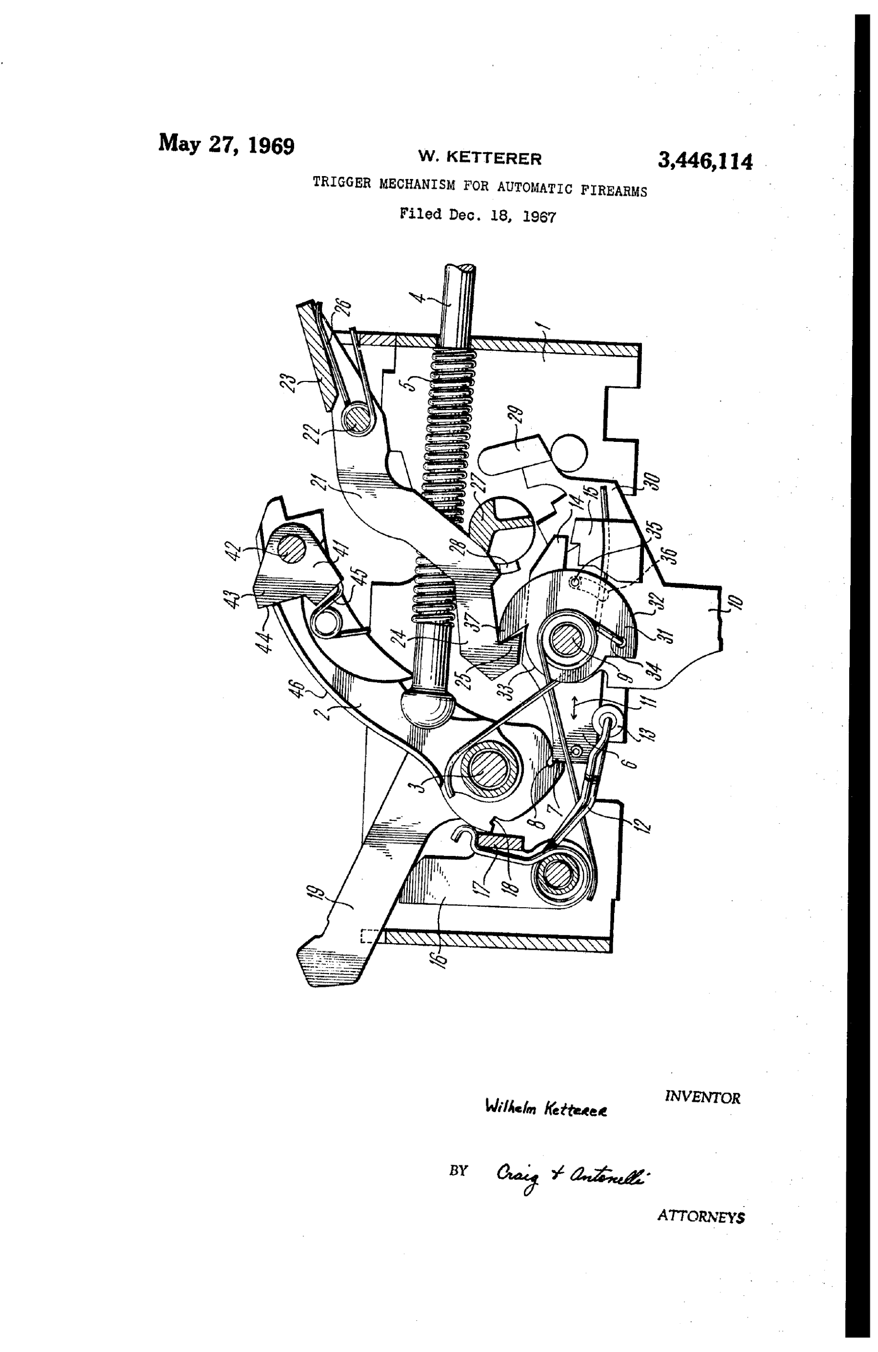 Figure 14 — US Patent 3,446,114, Wilhelm Ketterer for Heckler & Koch, 1969: a trigger mechanism for automatic firearms, drawing sheet. A period H&K select-fire design, not the PSG1's trigger.