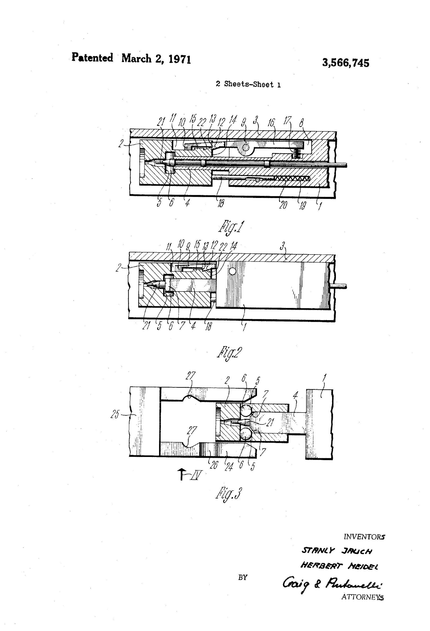 Figure 9 — US Patent 3,566,745, Jauch and Meidel for Heckler & Koch, 1971, sheet 1: a roller bolt whose head and carrier are held together by a catch lever, the anti-rebound principle the G3 and PSG1 document…