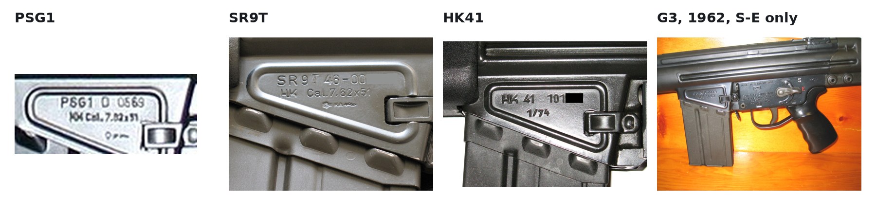 Figure 13 — Receiver markings, left side above the magazine well. From left: a PSG1 marked 'PSG1' with its serial and 'HK Cal. 7.62x51', enlarged from the labelled pair photograph; an SR9T marked 'SR9T' and 'H…
