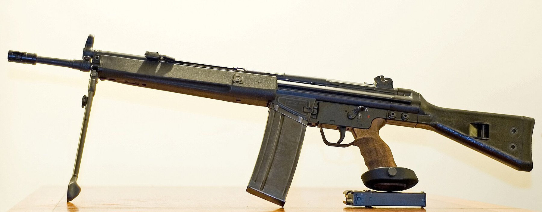 Figure 15 — A Greek-made SAR-8, a licensed HK91, fitted by its owner with a PSG1-style grip, a bipod and a 30-round magazine. The receiver, sights and fixed stock are the HK91's; only the grip is PSG1.