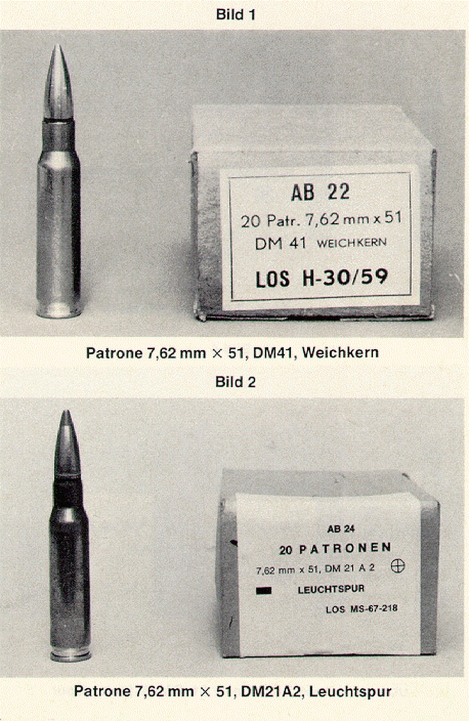 Figure 3 — Bundeswehr service rounds for the G3, from the regulation's appendix: the 7.62 × 51 DM41 ball round with soft-core bullet, in a 20-round carton, and the DM21A2 tracer.