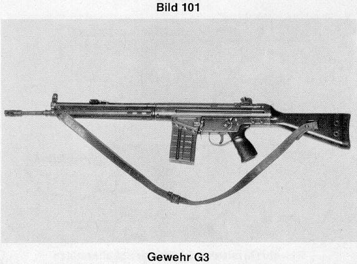 Figure 9 — The G3A3, left side, from the Bundeswehr regulation (Bild 101): fixed plastic stock, slim handguard, 20-round magazine, rotary rear sight and flash hider.