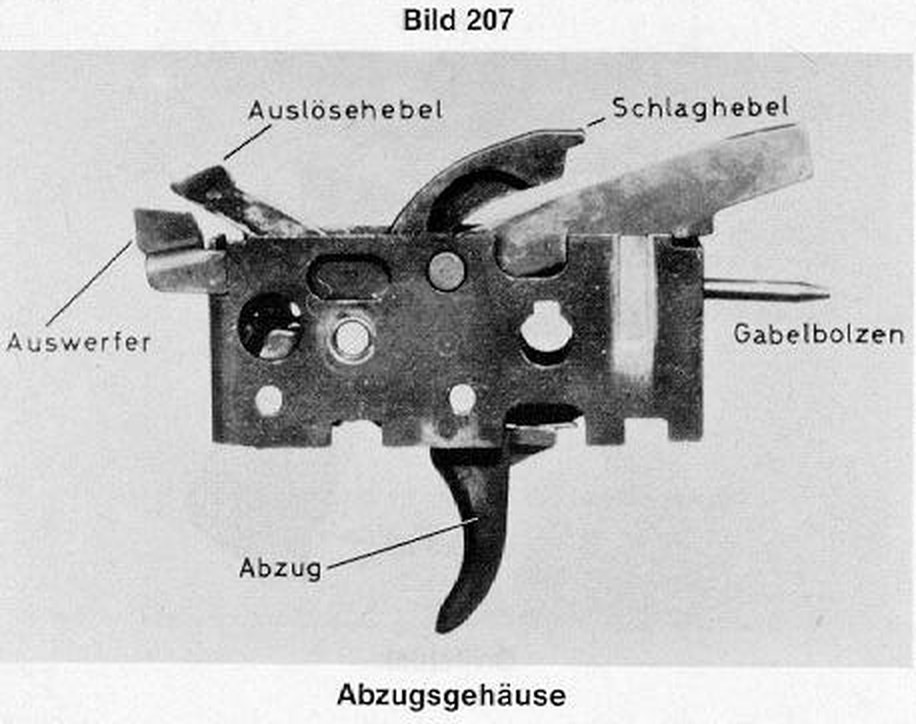Figure 11 — The G3 trigger housing out of the grip, showing the trigger, the hammer, the release lever, the ejector and the forked hammer-spring strut. The user strips no further than this on either the G3 or …