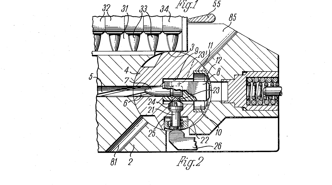 Figure 2 — Fig. 2 of US Patent 3,997,994 (Kästner, Ketterer, Möller and Wössner, assigned to Heckler & Koch GmbH, issued 21 December 1976): a section through the swivelling roller breech, with the chamber bor…