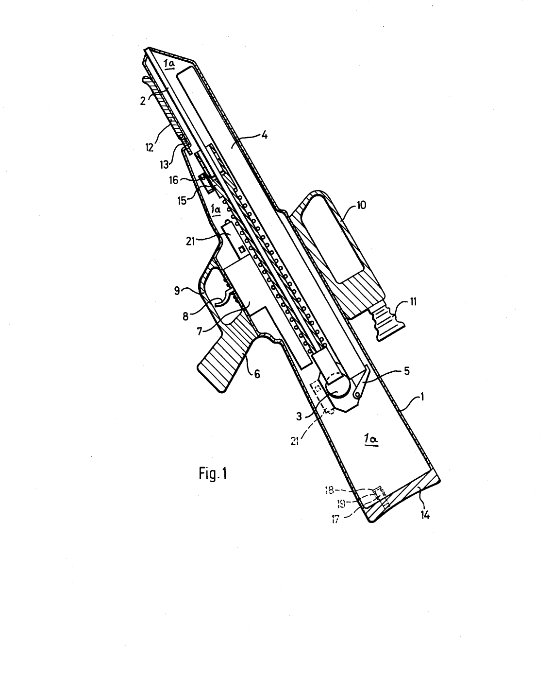 Figure 14 — Drawing sheet 1 of US Patent 4,078,327 (Möller and Ketterer, Heckler & Koch, issued 14 March 1978): a weapon whose barrel and bolt assembly sit inside a sealed receiver, with an ignition device int…