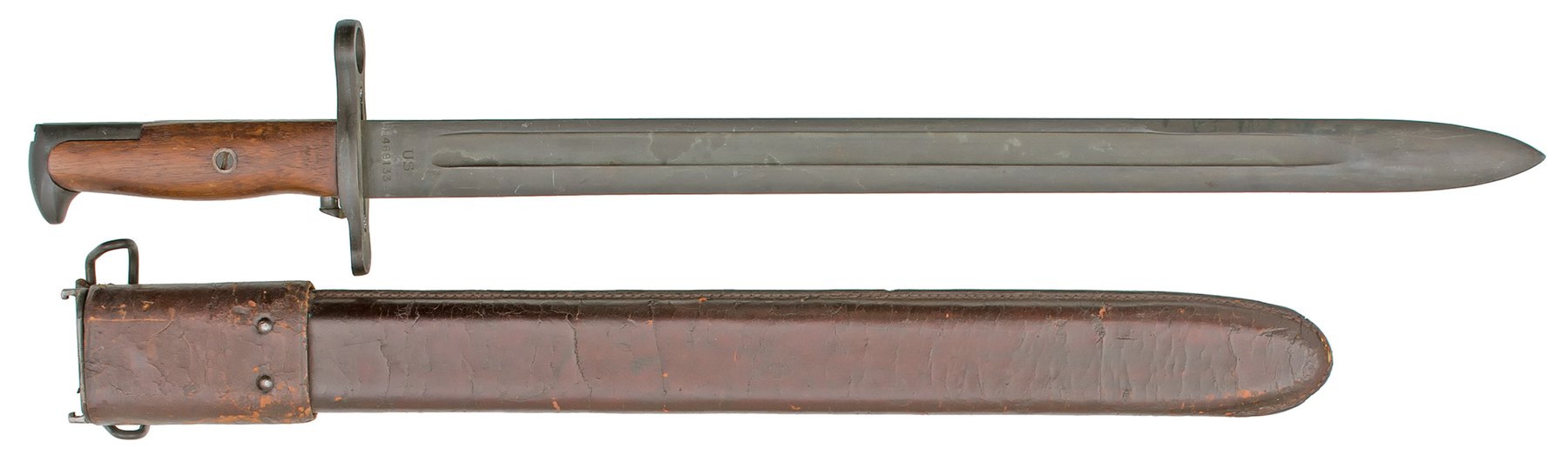 Figure 2 — A U.S. M1905 bayonet with its scabbard. The ring in the guard goes over the muzzle; the slot in the pommel slides onto the gas cylinder's bayonet lug. — Photograph: Dataproducts, CC BY-SA 4.0, via …