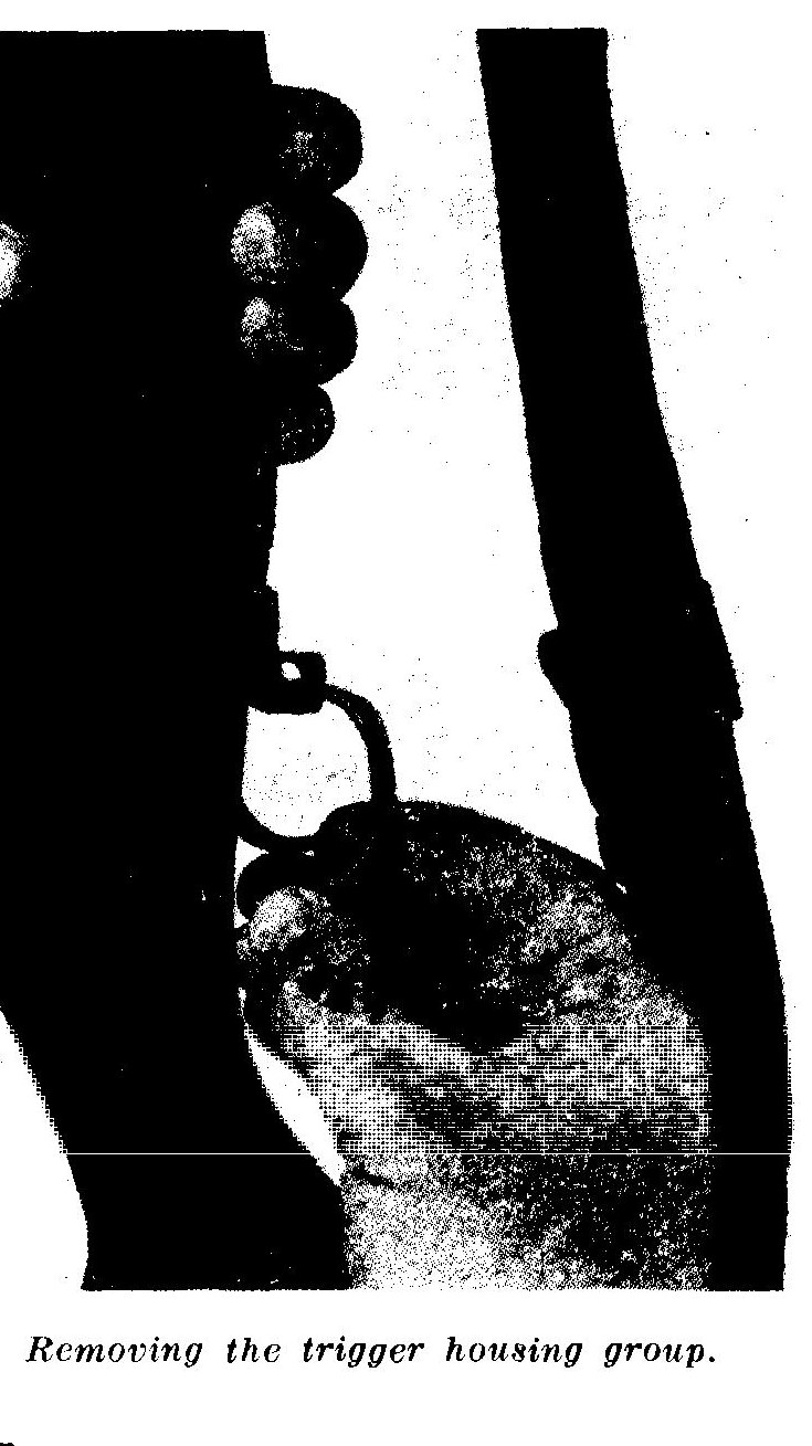 Figure 2 — Removing the trigger housing group, and Table I, Disassembly Authorization. The last lines of the table include the front sight and the accelerator — ordnance work, not a field strip. — U.S. Depart…