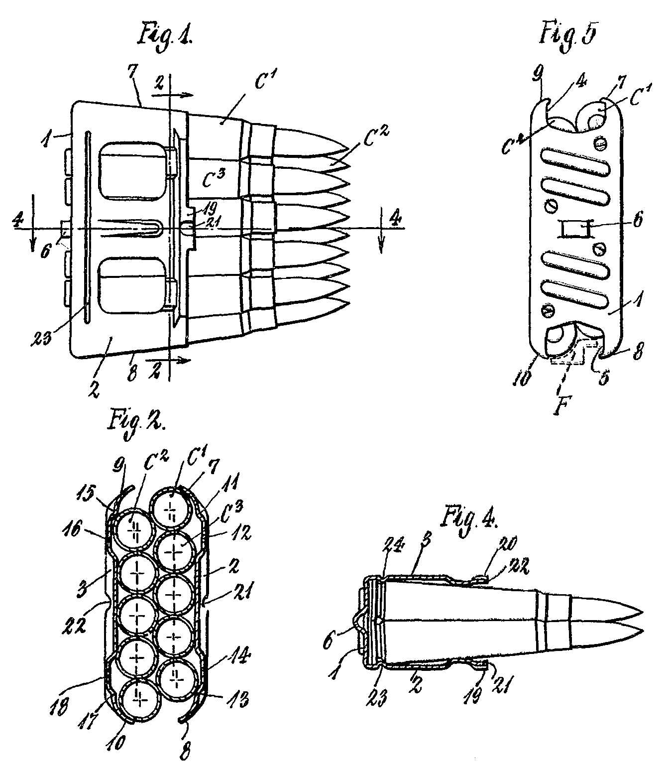 Figure 5 — Pedersen's own patent drawing of the ten-round en-bloc clip for his .276 cartridge. The en-bloc principle — a spring-steel clip that holds the rounds and is fed into the rifle with them — predates …