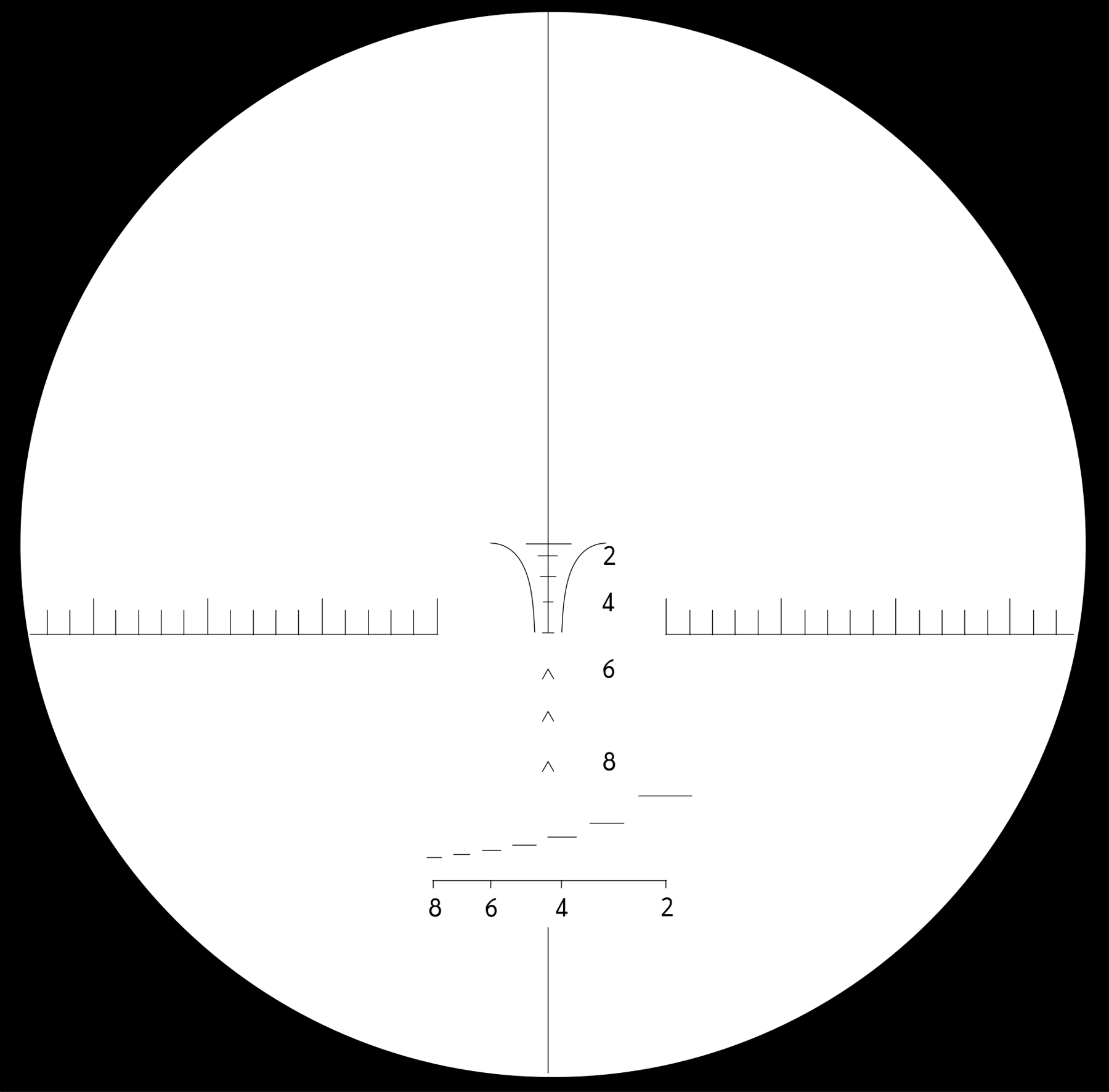 Figure 3 — The reticle of the FR-F2's scope, as drawn by Rama for Wikimedia Commons: holdover marks numbered 2 to 8, for 200 to 800 m, on and below the vertical line, a stepped rangefinding scale numbered 8 t…