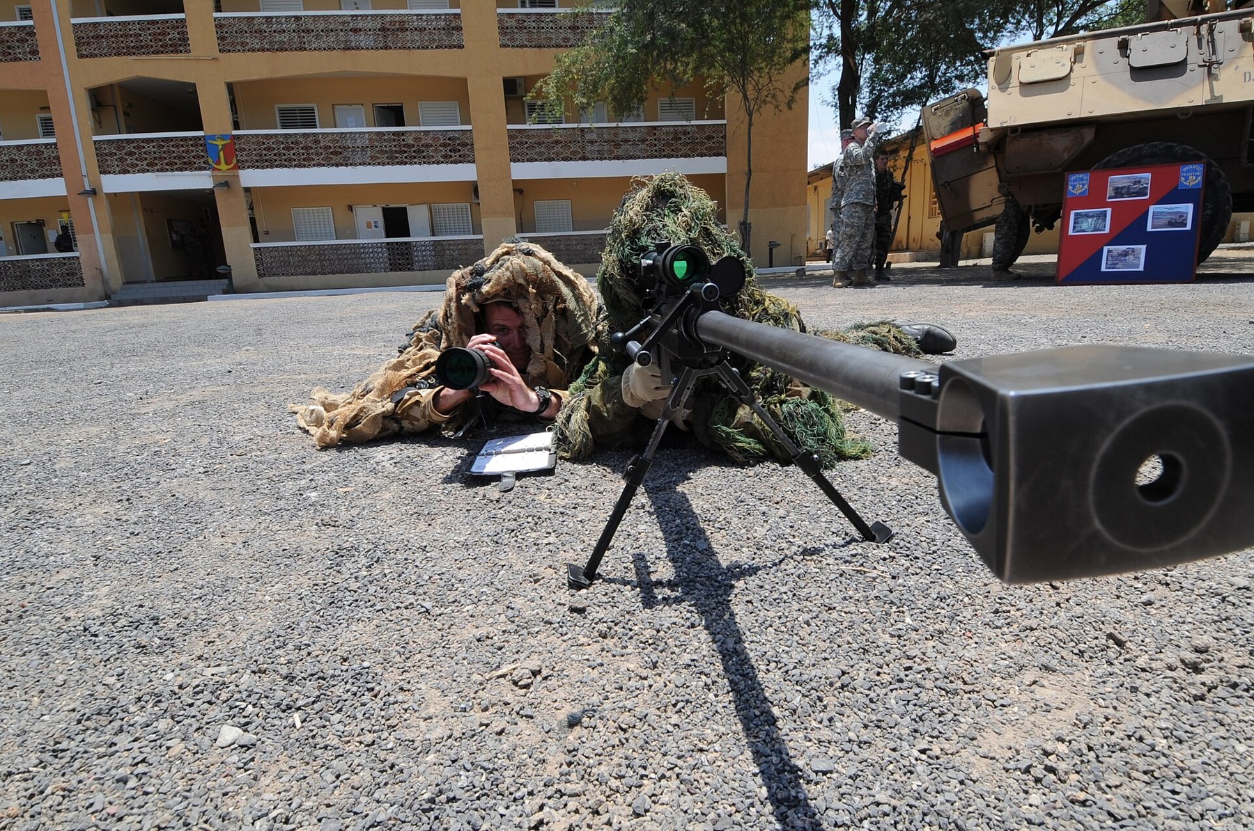 Figure 15 — A Hécate II 12.7 mm rifle shown to American personnel by a French marksman at the French base in Djibouti, 19 March 2009. The placard in the companion photograph reads FR 12,7 F1. Photograph by TSg…