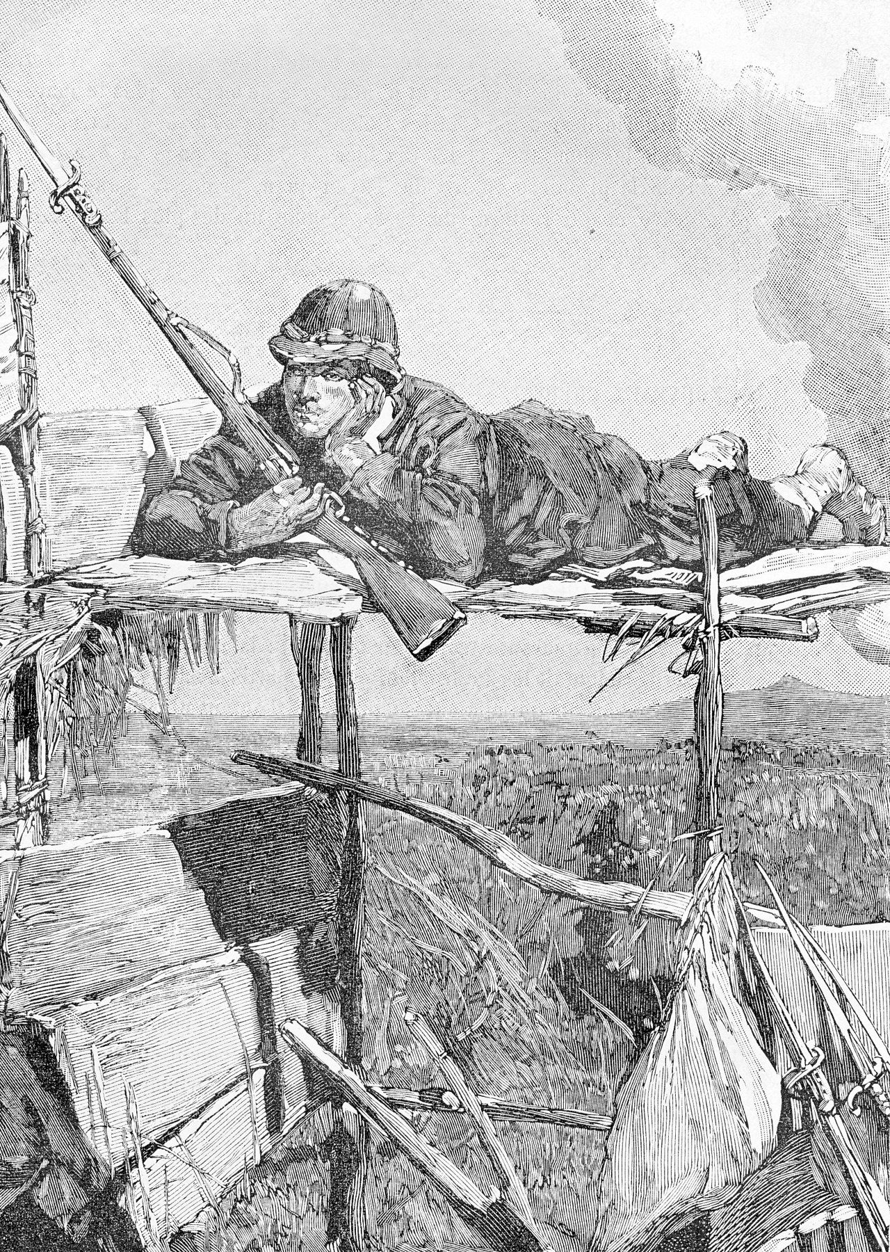 Figure 13 — A French Foreign Legion marksman at the siege of Tuyen Quang, Tonkin, 1884–85, in an illustration from L. Huard's La guerre du Tonkin (Paris, 1887). Public domain, via Wikimedia Commons.