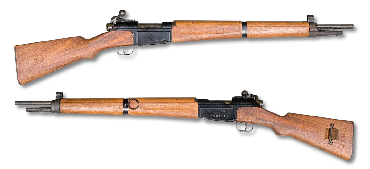 Figure 7 — The MAS 36 infantry rifle, post-war production, from the right. Straight stock without a pistol grip, bolt handle bent forward, two-piece wooden fore-end with a band, and the tubular spike bayonet …