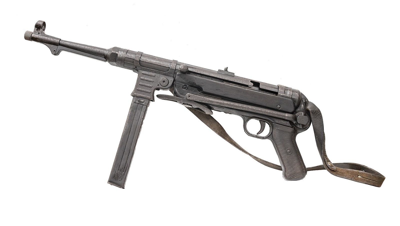 Figure 5 — An MP 40 with sling. The details that decide what a specimen actually is are small and photographable — receiver surface, magazine housing, cocking-handle slot, furniture.