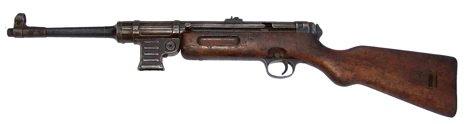Figure 5 — The MP 41. From the magazine housing up it is an MP 40; from the trigger back it is Schmeisser's own MP 28,II — a wooden rifle stock and a conventional grip. This is what a Schmeisser MP 40 derivat…