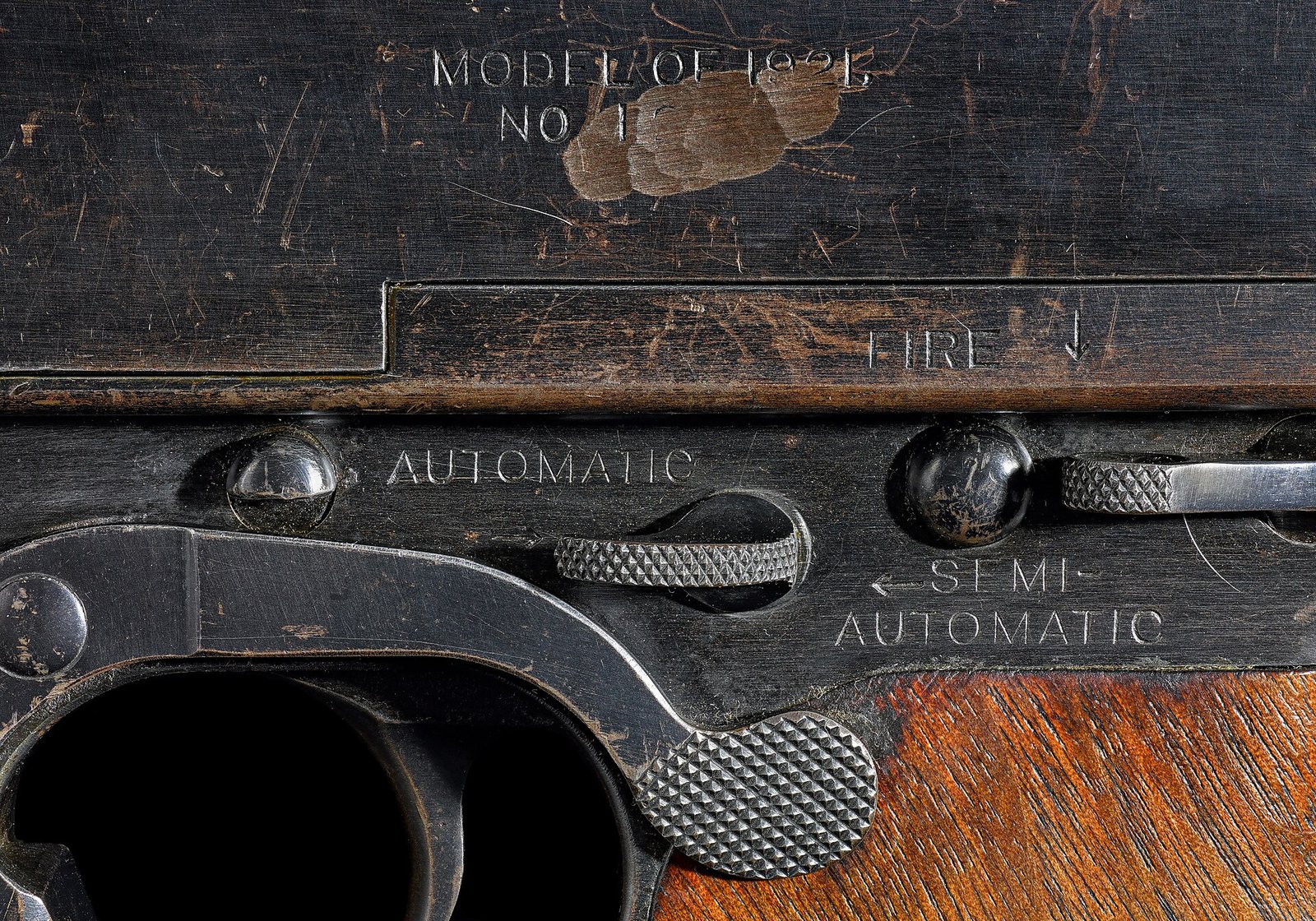 Figure 11 — The markings on a Thompson receiver: "MODEL OF 1921", and the selector marked FIRE, AUTOMATIC and SEMI-AUTOMATIC. The MP 40 has no equivalent inscription because it has no equivalent choice.