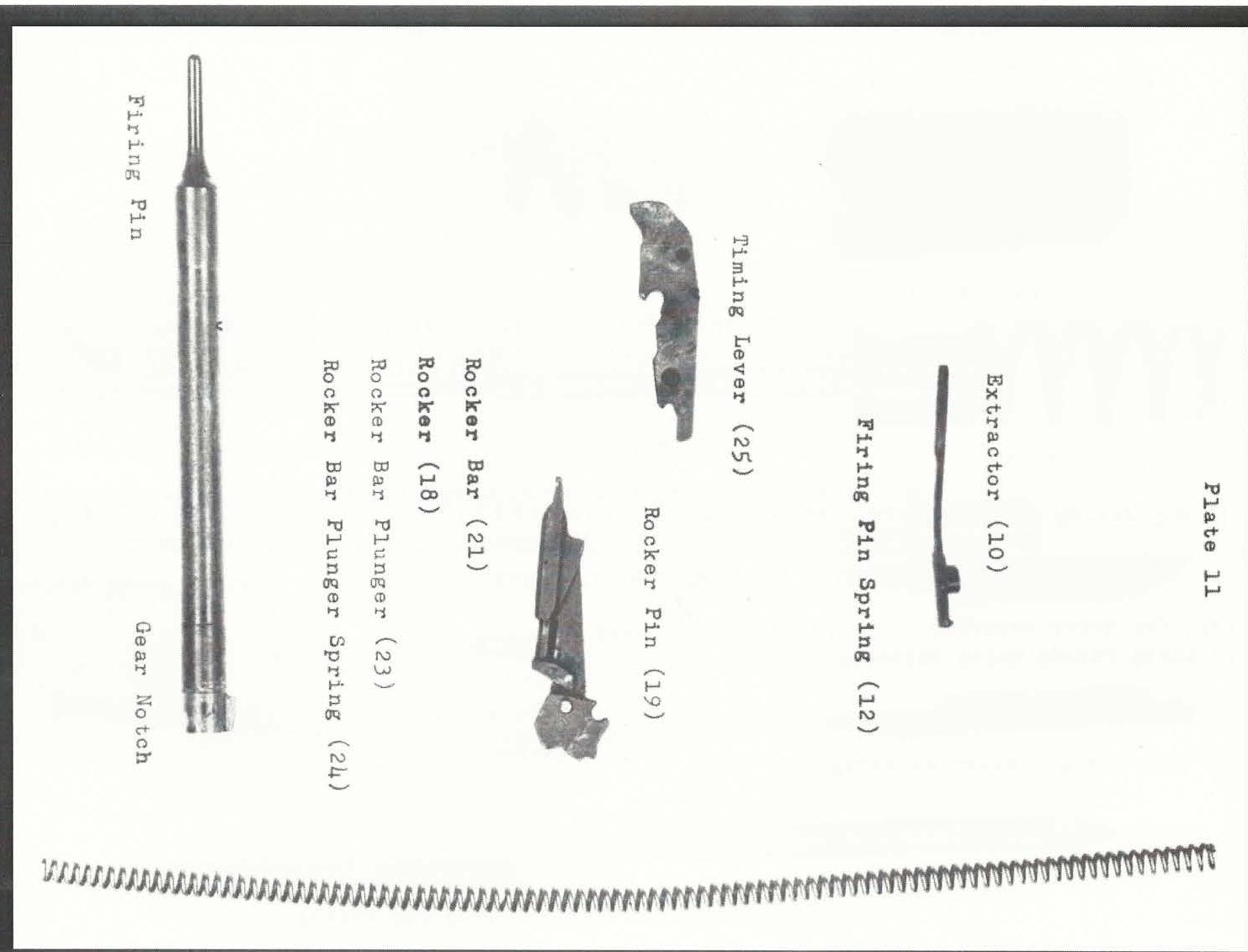 Figure 3 — Plate 11 of the manual: the firing pin with its sear notch, the timing lever (25), rocker (18), rocker bar (21) with its plunger and spring, rocker pin (19), extractor (10) and firing pin spring (1…
