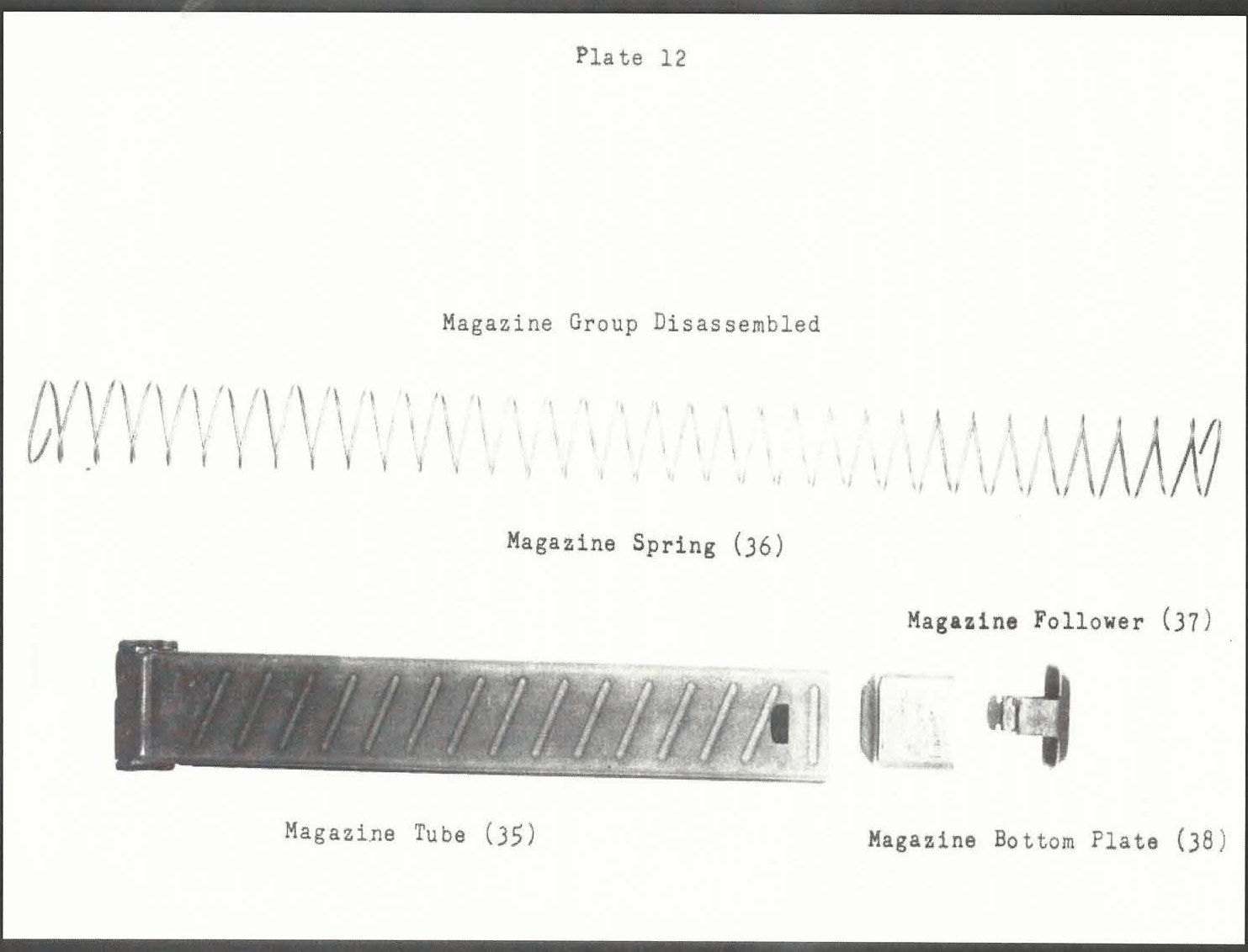 Figure 2 — Plate 12 of the manual: the magazine group disassembled: tube (35), spring (36), follower (37) and bottom plate (38). Notes on Caliber .30 Model of 1918 Pistol; scan via the Internet Archive.
