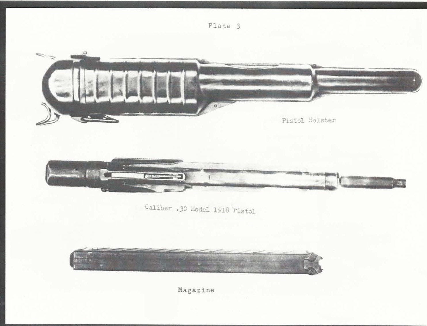 Figure 3 — Plate 3 of the Army manual: the sheet-steel "Pistol Holster" with its ribbed body and hinged cap, the device, and a magazine. The holster's ribs and cap are the same in the 1962 photograph above. N…