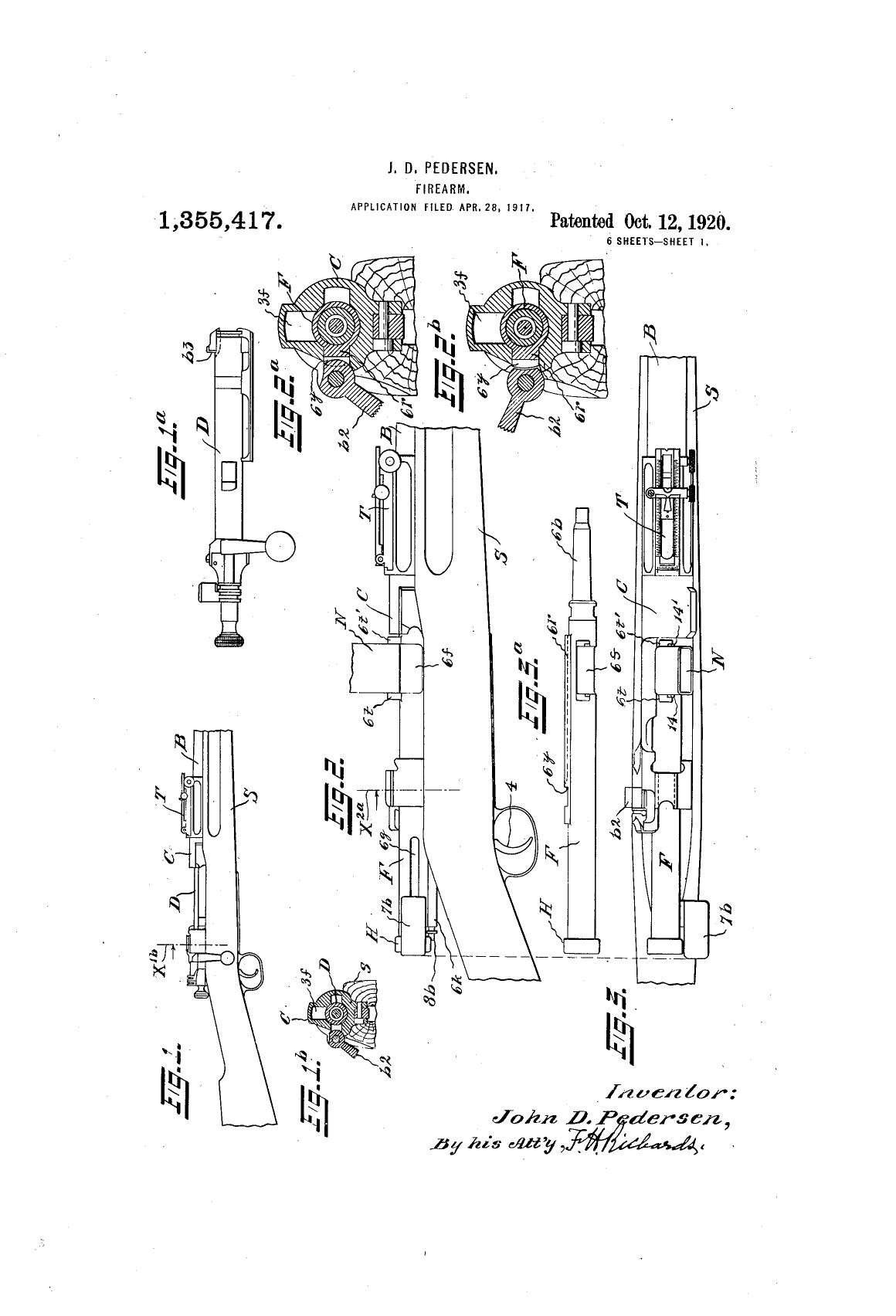 Figure 2 — Sheet 1 of US patent 1,355,417, filed 28 April 1917: the insertable self-loading mechanism in a bolt-action rifle, with its upright magazine. John D. Pedersen; public domain, via Google Patents.