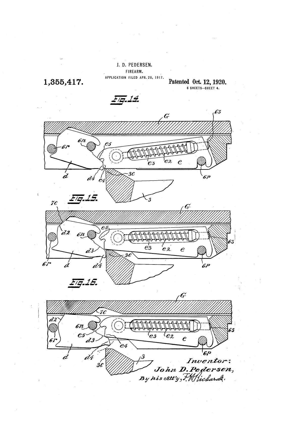 Figure 2 — Sheet 4 of US patent 1,355,417: sections through the patent's mechanism. The patent's open-bolt firing arrangement differs from the production device described in the Army manual. John D. Pedersen;…