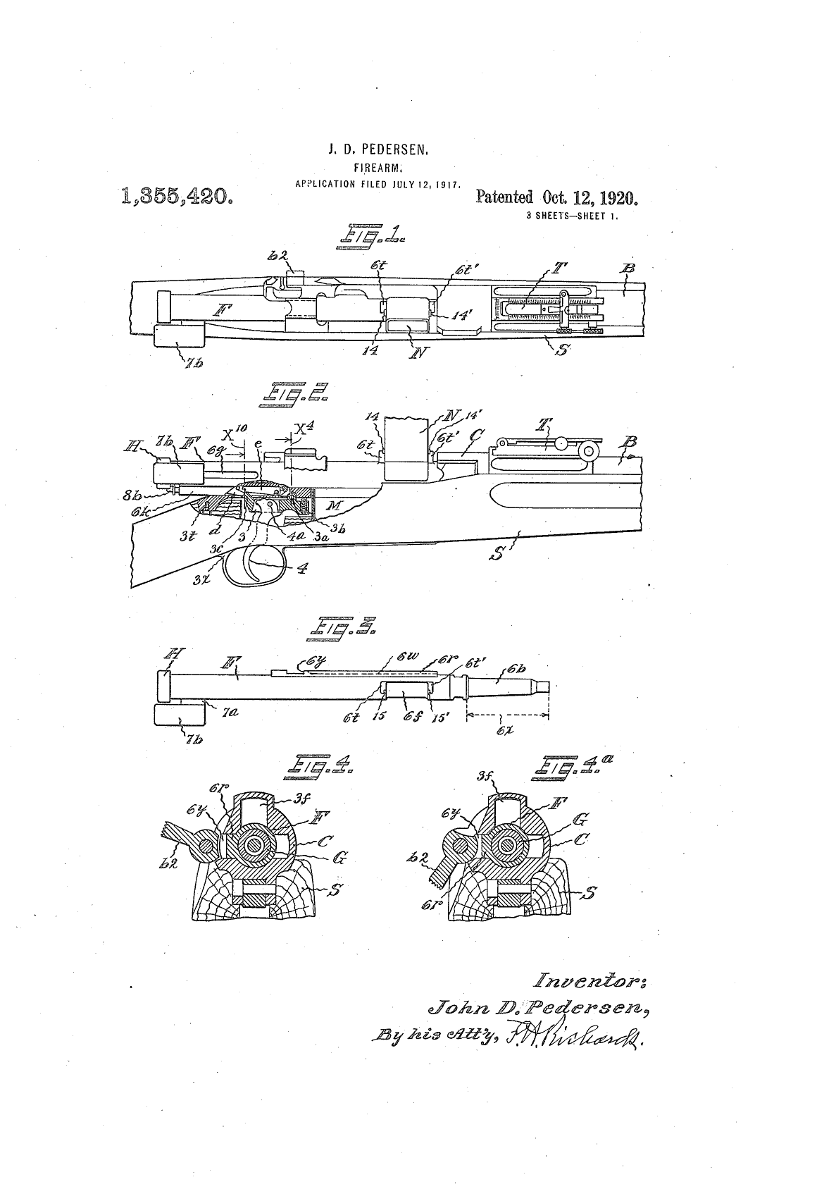 Figure 5 — Sheet 1 of US patent 1,355,420, filed 12 July 1917: the mechanism adapted to the Springfield, shown in the rifle and in section. John D. Pedersen; public domain, via Google Patents.