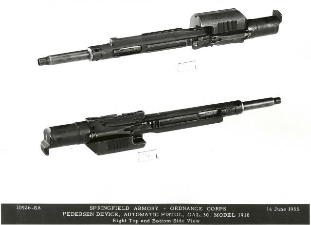Figure 2 — The device photographed by Springfield Armory in 1955, from the right top and from below: the slide handle with its ribbed weight, the barrel nut and barrel at the front, and the frame cap at the r…