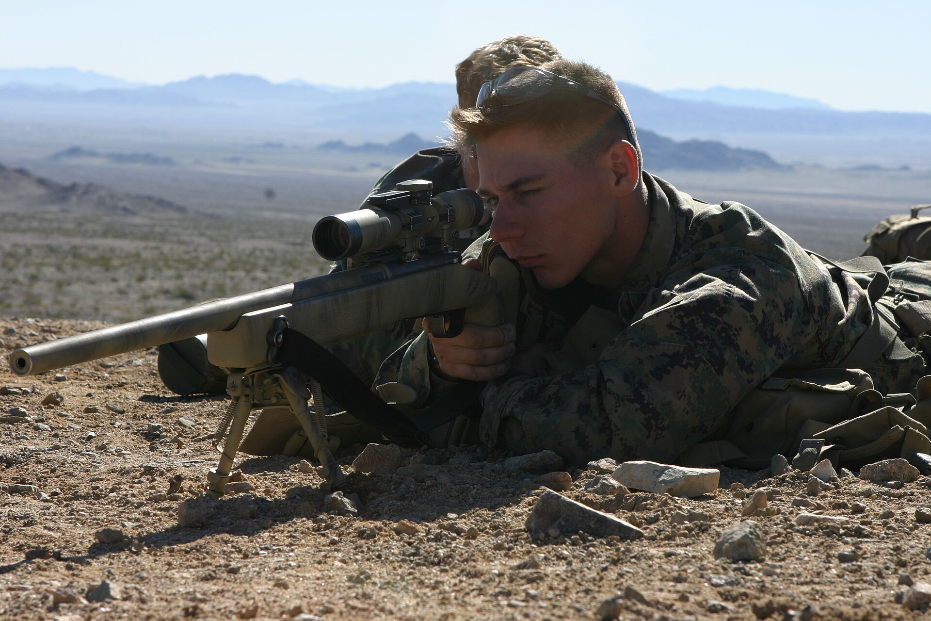 Figure 4 — A scout-sniper team leader of 3rd Battalion, 2nd Marines prepares his M40A3 before a known-distance zeroing range at Twentynine Palms, 15 January 2005 — still with the fixed-power scope.