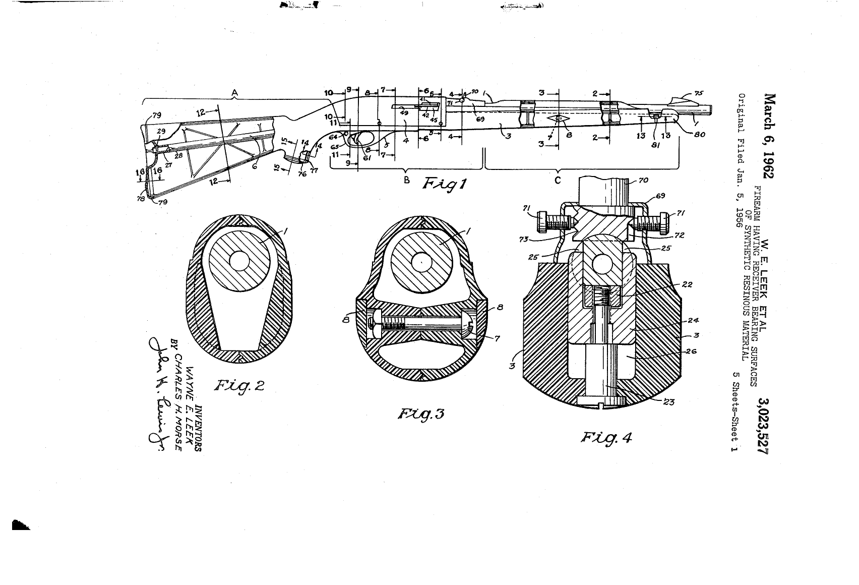 Figure 3 — US Patent 3,023,527, sheet 1 of 5 (Leek and Morse, issued 6 March 1962), turned so the rifle lies horizontal. Fig. 1 divides the one-piece stock assembly into buttstock A, receiver B and forestock …