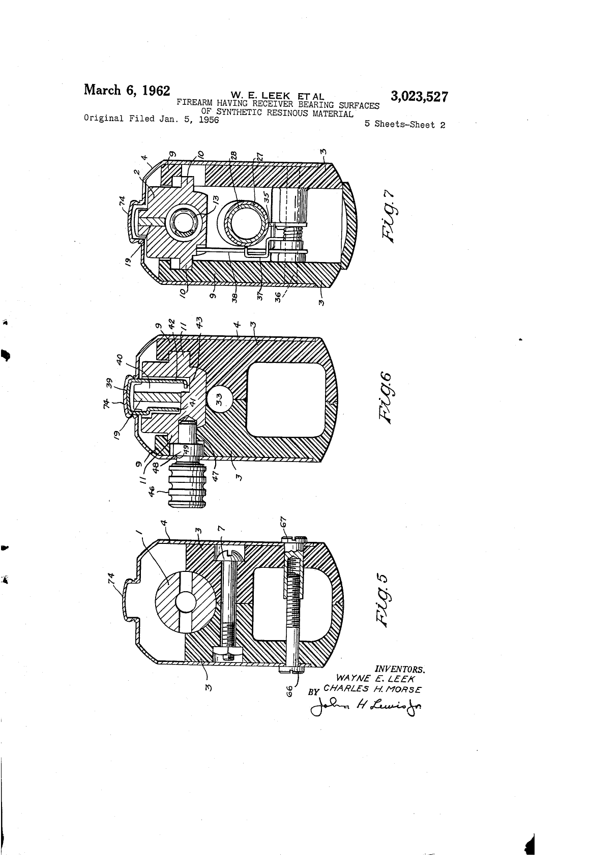 Figure 2 — US Patent 3,023,527, sheet 2 of 5: cross-sections of the receiver portion of the stock. The hatched nylon walls carry the guideways in which the bolt's side ribs run; the sheet-metal cover closes t…