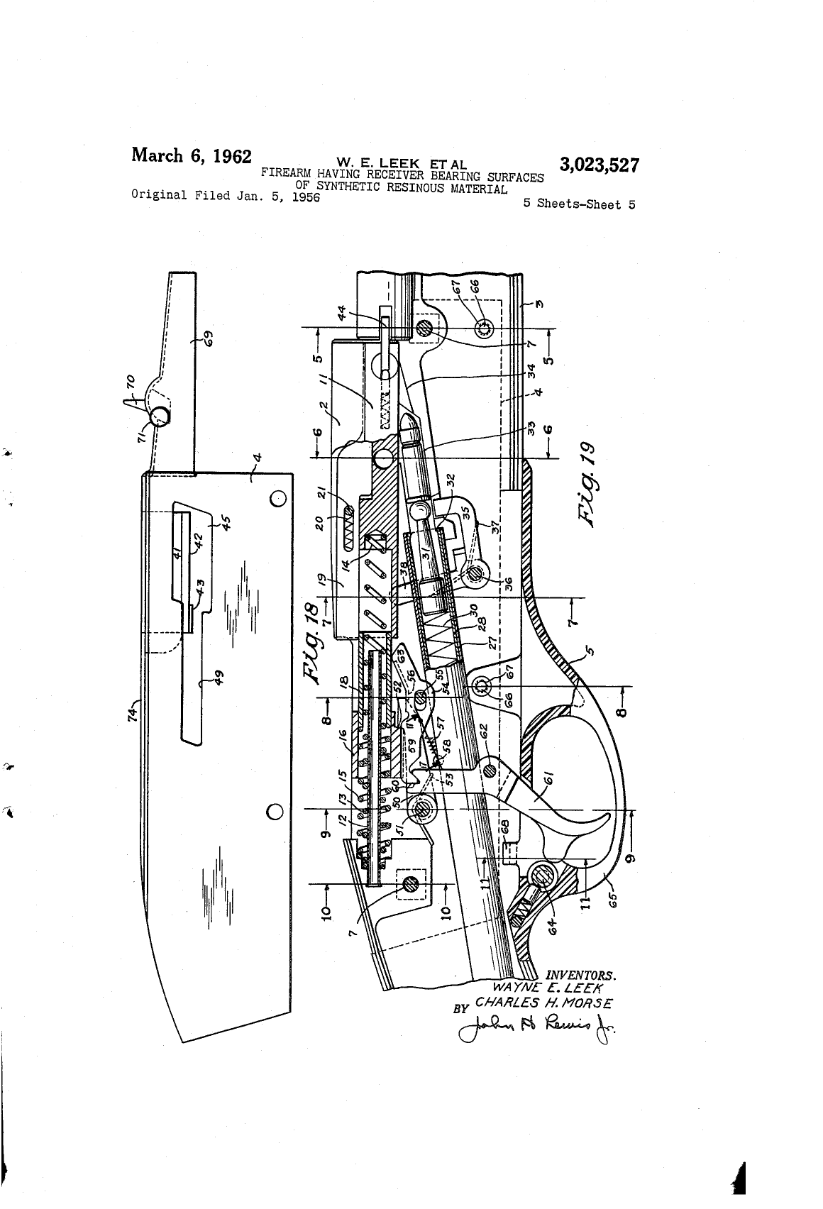 Figure 7 — US Patent 3,023,527, sheet 5 of 5, Fig. 19: a side view of the receiver portion of the stock with the working parts in place and the sheet-metal cover drawn beside it, showing the bolt and striker …