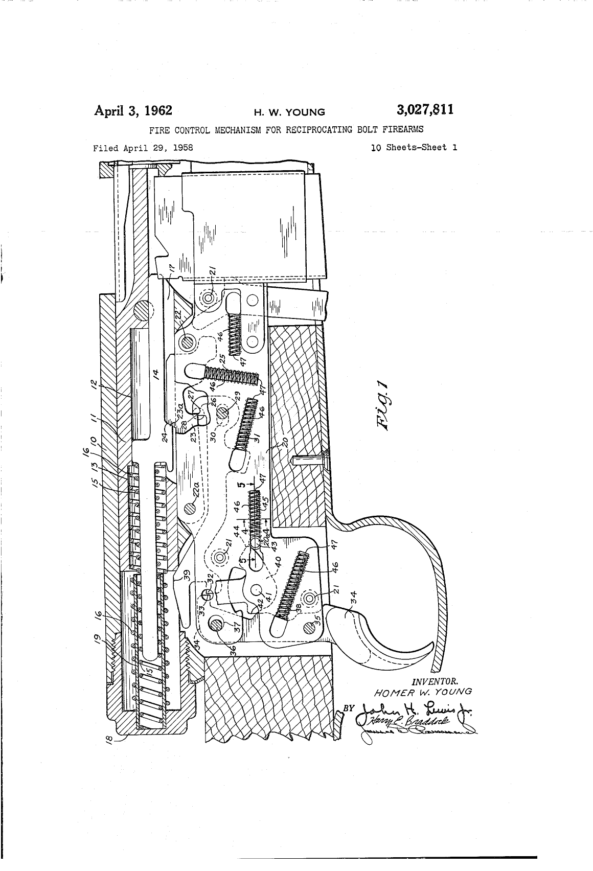 Figure 3 — US Patent 3,027,811, sheet 1 of 10 (Homer W. Young, issued 3 April 1962): the fire-control mechanism in side section, showing the sear, the disconnector and sear block, the trigger and their spring…