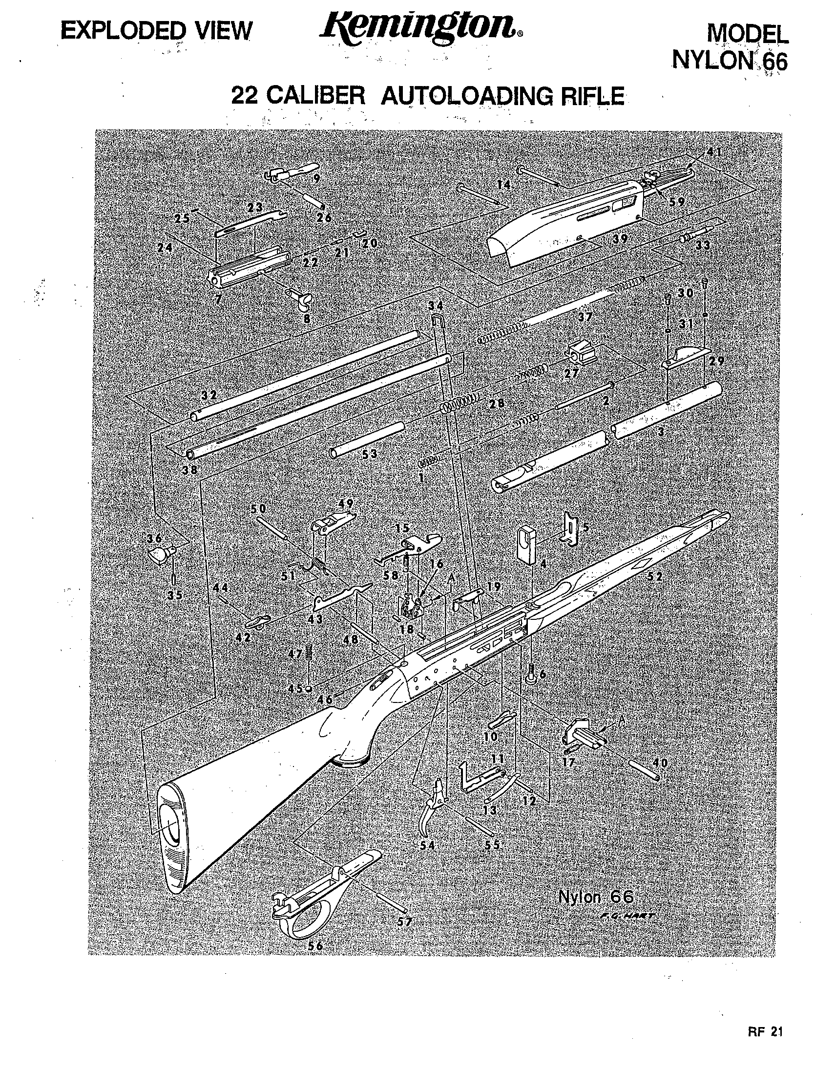 Figure 2 — Remington's own exploded view of the Nylon 66, sheet RF 21 from the information packet the company sent to owners. It is an assembly reference rather than a sequence: it shows where each numbered p…