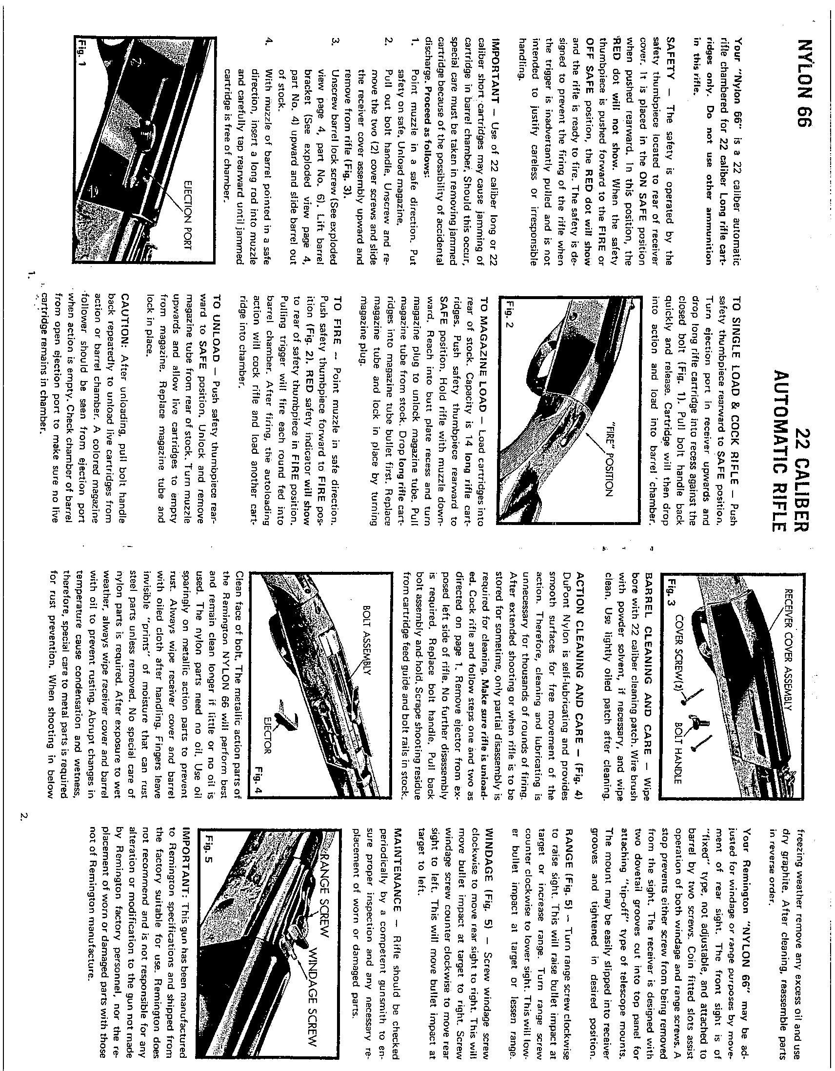 Figure 3 — Remington's own instruction page for the Nylon 66, with its five figures: the ejection port and single loading, the safety at FIRE, the two cover screws and the bolt handle, the bolt assembly and e…