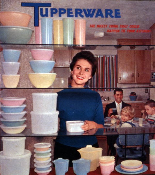 Figure 3 — Tupperware advertising, about 1958: pastel mouldings on open shelves, sold on colour and cleanliness. The Nylon 66's Seneca Green and Apache Black belong to the same commercial moment as these, and…