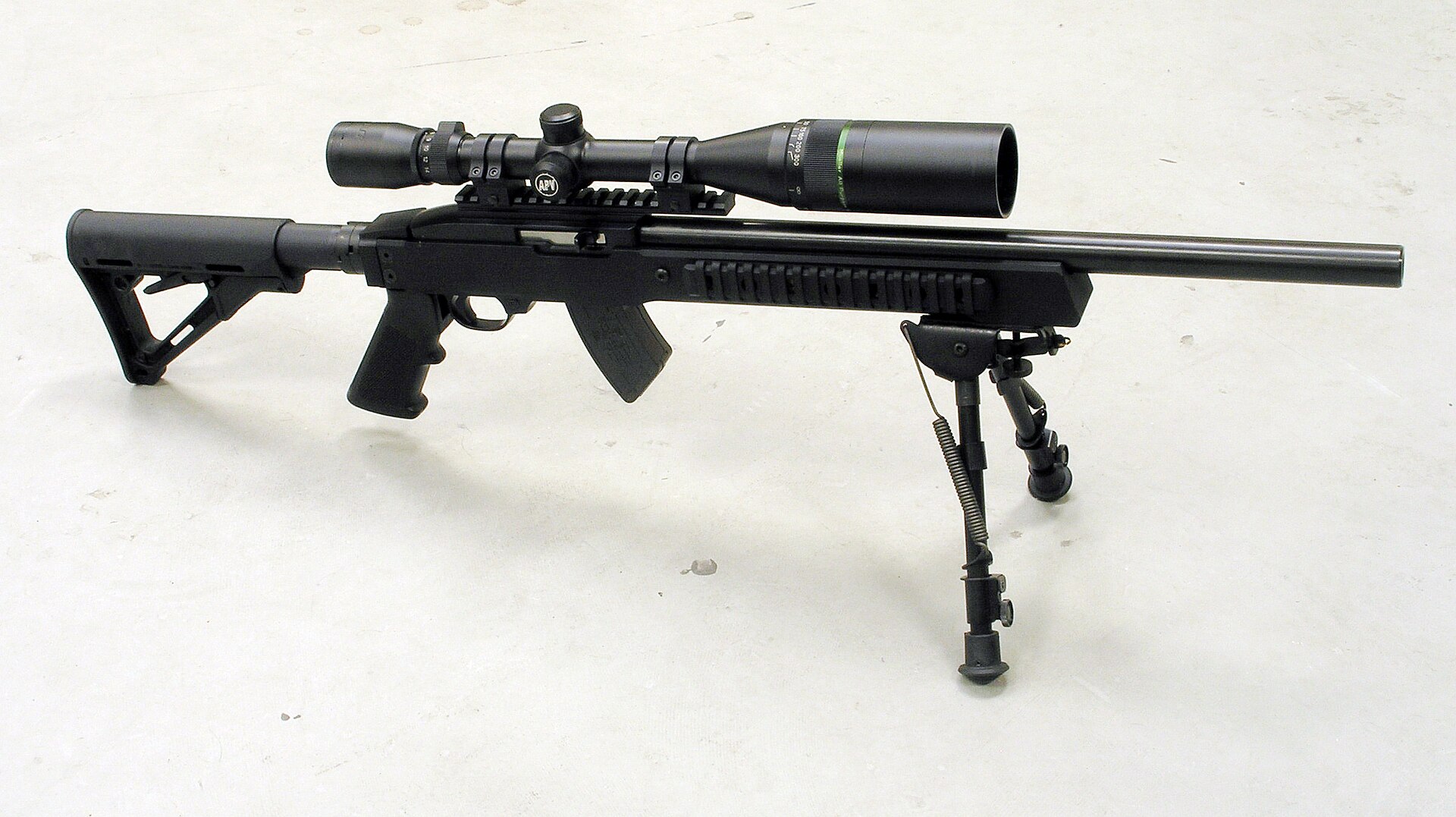 Figure 4 — A 10/22 in a machined aluminium stock, with a bull barrel, bipod and scope — the stock swap taken to its extreme. The action drops into any stock inletted to the factory pattern with one screw.