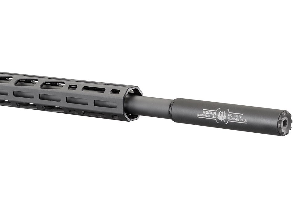 Figure 3 — Ruger's product photograph of the Precision Rimfire's threaded muzzle with a Ruger Silent-SR suppressor fitted, as pictured on the model page.