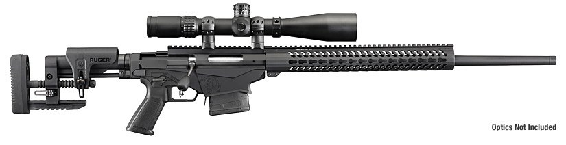 Figure 2 — The launch .308, model 18001, as pictured on Ruger's product page: the Samson KeyMod handguard, the thread protector at the muzzle, and the Precision MSR stock on its buffer tube.