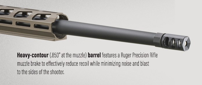 Figure 3 — Ruger's current brake on the heavy-contour barrel of the 18104. The older rifles' brake is a different part, and the two manuals give different wrench sizes and torques for their jam nuts.
