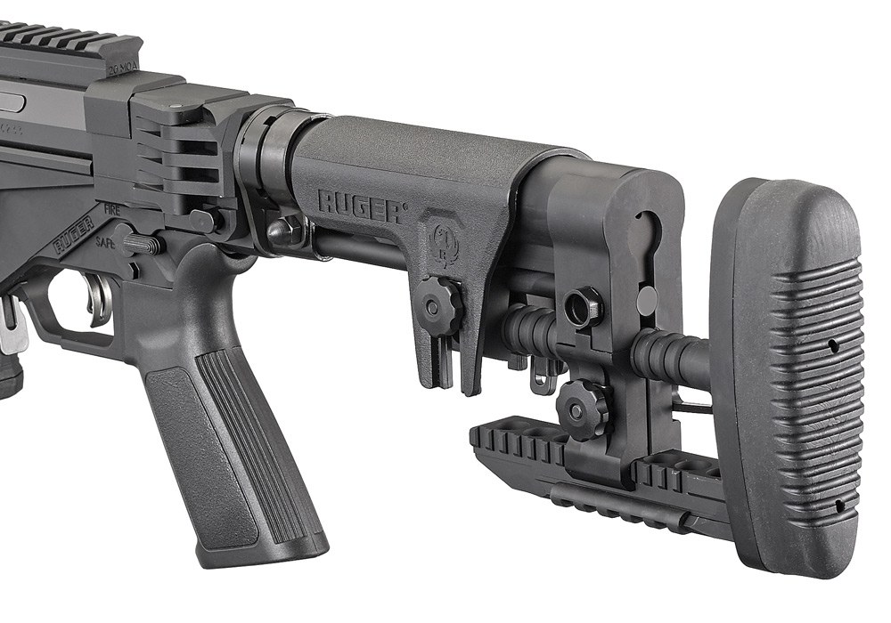Figure 14 — The later Precision MSR stock from the right, showing how the hinge sits directly behind the receiver on an AR-style buffer tube.