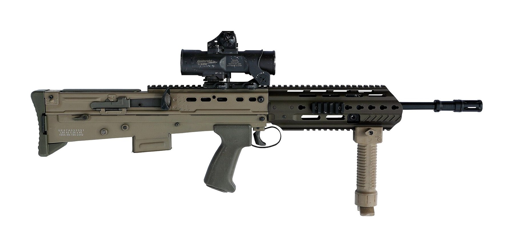 Figure 3 — An L85A3, right side, muzzle right, on a white background: Flat Dark Earth body, H&K fore-end with continuous top rail, vertical grip, an Elcan Specter with a small reflex sight, and the marking "L…