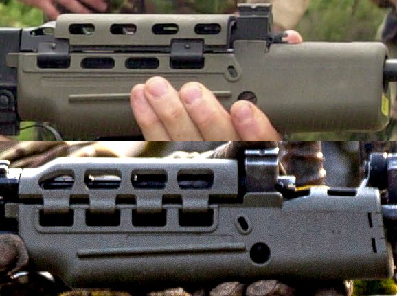 Figure 5 — Two L85A2 rifles with non-railed handguards, right side. Top, the original RSAF Enfield handguard (photographed 2004); bottom, the later Heckler & Koch handguard with larger rectangular vents (phot…