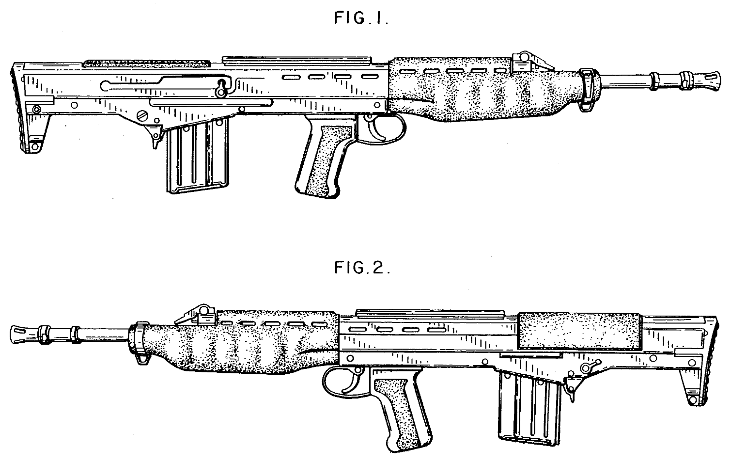 Figure 14 — US Design Patent 251,979, "Automatic firearm", Sydney R. Hance, published 29 May 1979: Fig. 1 and Fig. 2, the two sides of the XL64E5, rotated to read horizontally. The long cocking-handle slot, th…