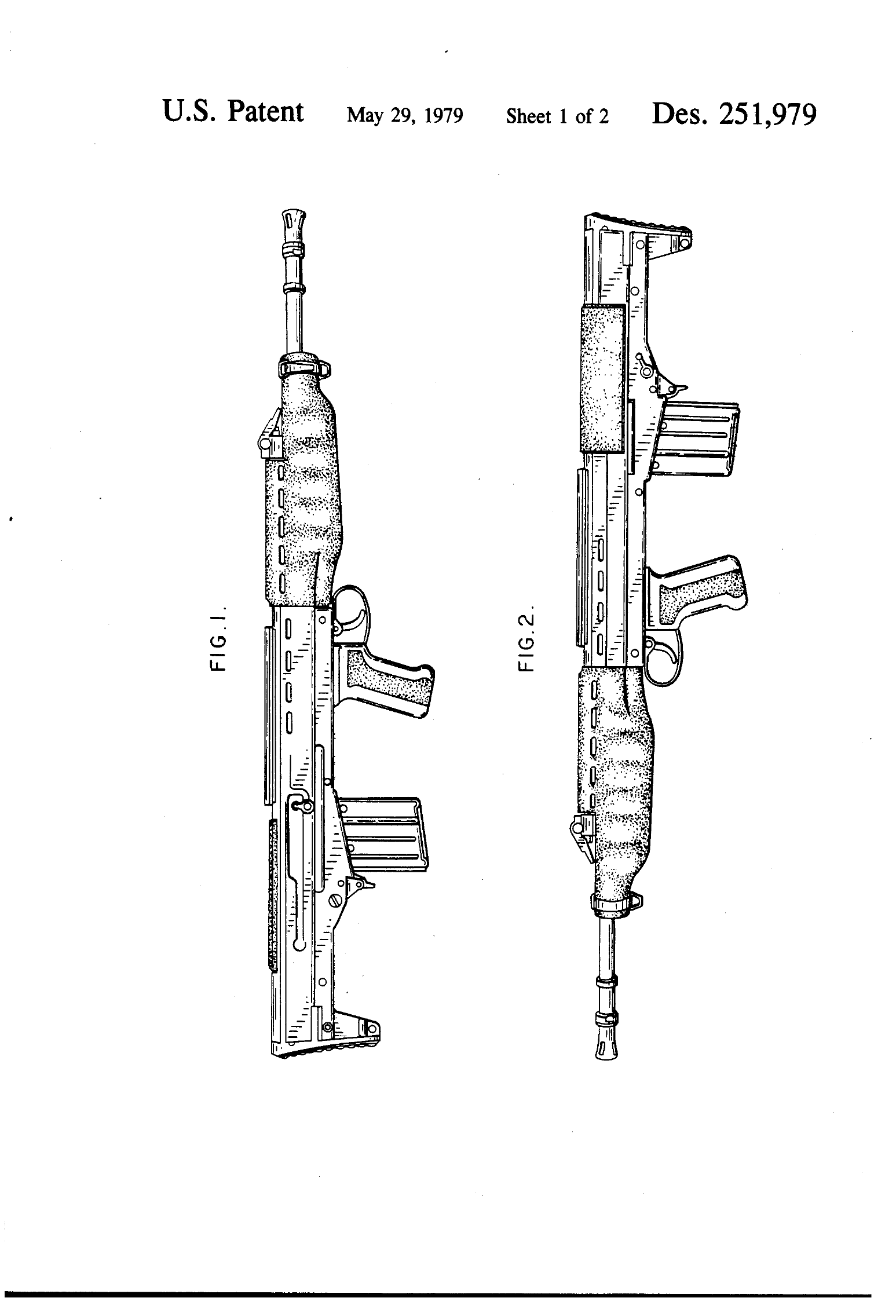 Figure 5 — US Design Patent 251,979, sheet 1: Hance's 1979 drawings of the XL64E5, the only public drawing of the SA80's external form. It protects appearance only and carries no dimensions. US Patent and Tra…