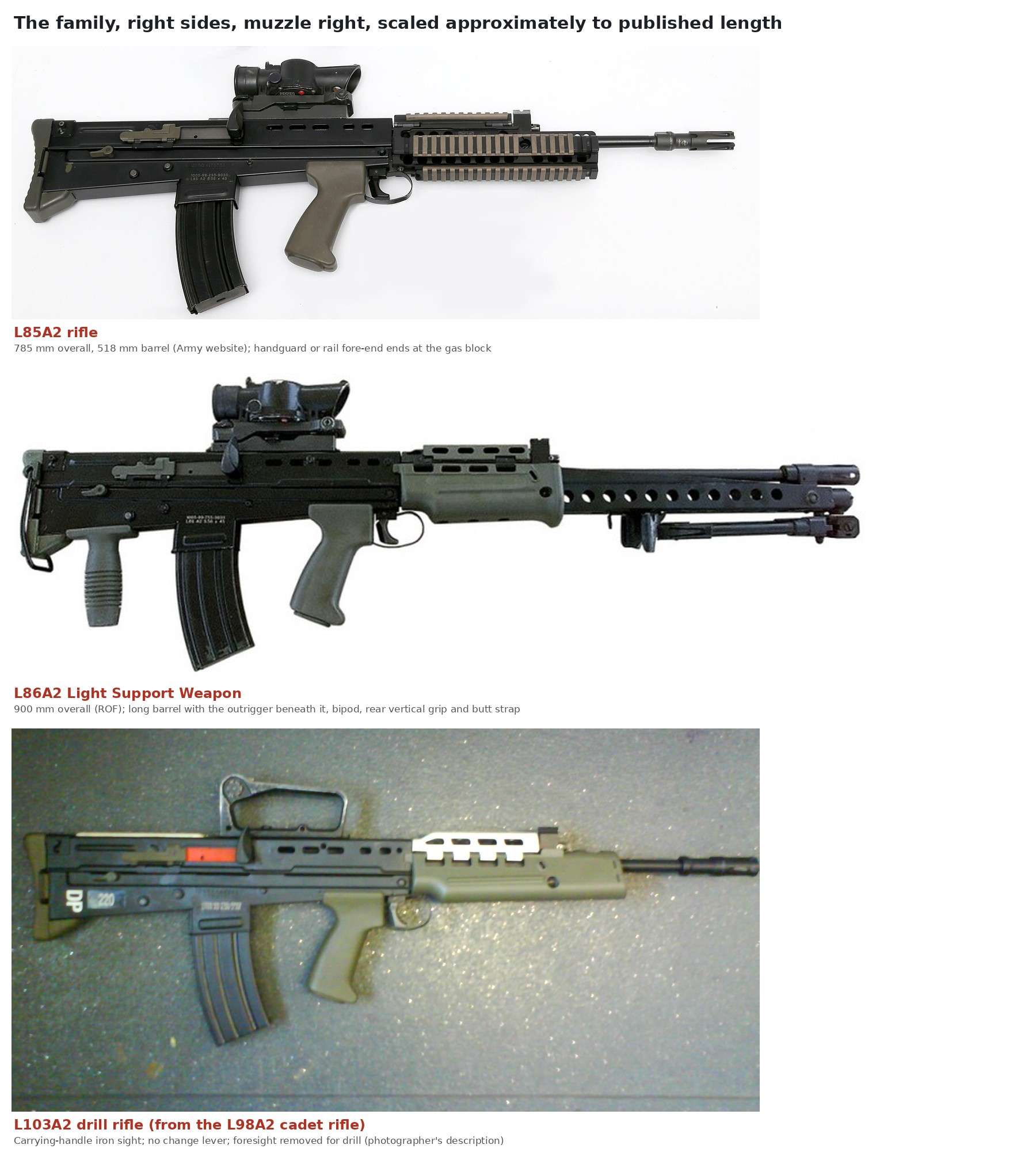 Figure 9 — The family, right sides, muzzle right, scaled approximately to published length: L85A2 rifle (785 mm overall, 518 mm barrel); L86A2 LSW (900 mm), with the long barrel, outrigger, bipod, rear grip a…